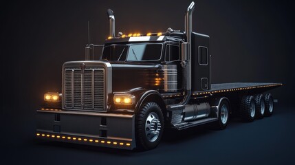Modern black semi-truck on dark studio background