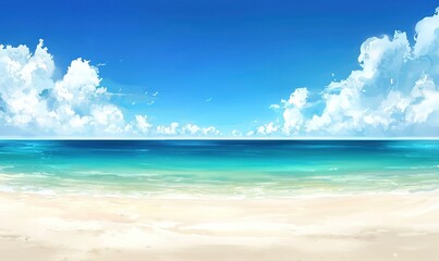 Fototapeta premium Tropical beach with white sand, turquoise water, blue sky, and fluffy clouds. Perfect summer background