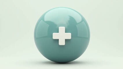 Obraz premium Glossy teal medical sphere with white cross symbol standing on smooth surface, healthcare concept background for hospital, clinic, health insurance, clean minimalist pastel colors design