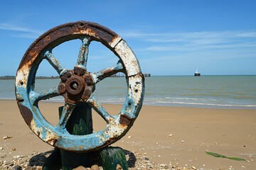 Rusty Blue Wheel on Sandy Beach Seascape Ocean View