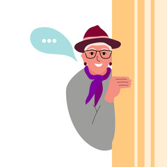 Modern old senior woman. Happy elderly curious person looking from behind door. Trendy aged retired character. Old woman peeping, watching and spying on someone. Vector illustration 