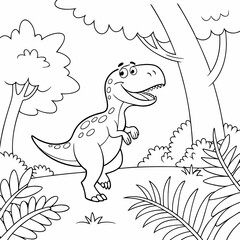 A happy T-Rex playing in a prehistoric jungle, coloring page for children, outline, education, line, outline, art, sketch