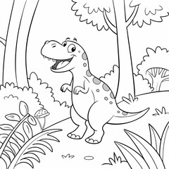 A happy T-Rex playing in a prehistoric jungle, coloring page for children, outline, education, line, outline, art, sketch