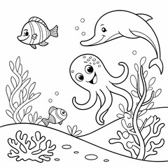 A group of friendly sea creatures, including a smiling octopus, a playful dolphin, and colorful fish, exploring a coral reef coloring page for children, outline, education, marine life with fishes