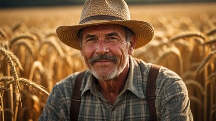 Fototapeta premium A warm portrait of a farmer harvesting crops in a golden wheat field, wearing rustic clothing and a straw hat, natural sunlight, rural landscape