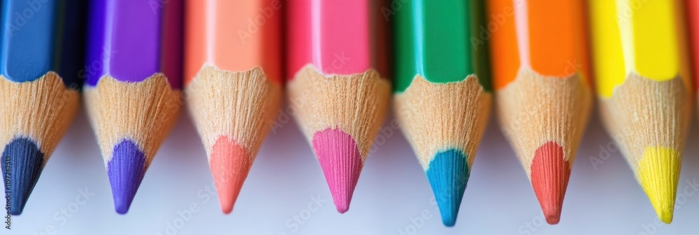 Leinwandbilder vibrant colored pencils arranged in a row showcase their pointed tips on a clean white background su