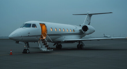 Modern private jet parked on runway with open cabin door.