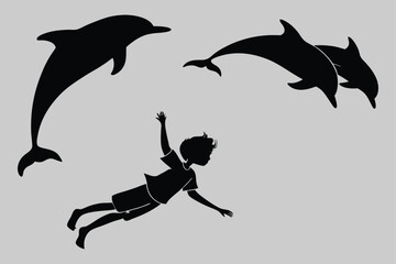 boy diving with dolphin silhouette vector design art and illustration