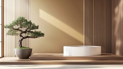 Minimalist zen garden room interior display podium, bonsai tree, sunlight