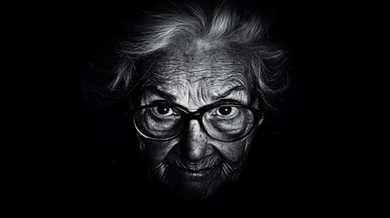 Close-up black and white portrait of an elderly woman's intense face.
