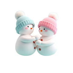 two adorable snowmen in pastel knit hats holding hands.