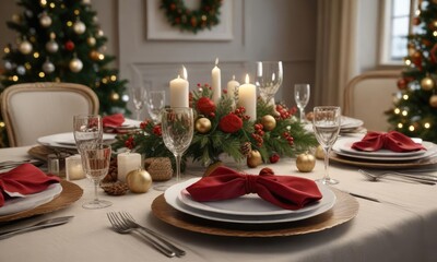 A decorated Christmas table setting with festive linens and centerpieces, seasonal ambiance, cozy atmosphere