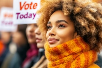 A line of diverse voters standing patiently outside a polling station, with banners reading "Vote Today" visible in the background