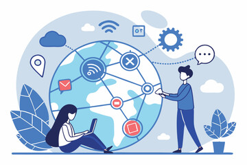Global connectivity, social media icons, diverse communication channels, miniature people interacting with technology, oversized world globe, digital marketing concepts, colorful flat design, visualiz