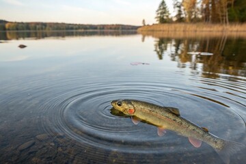 A delicate fish swimming beneath the surface of a quiet pond, causing a subtle ripple effect that radiates outward from its point of origin, water, calm, underwater