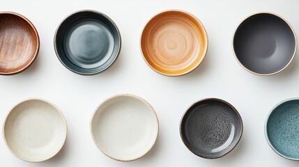 A row of bowls with different colors and patterns