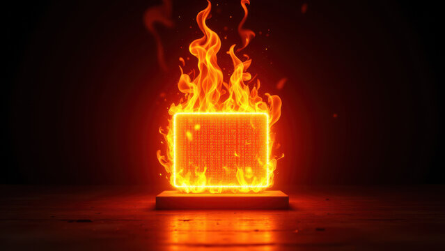 Computer hardware on fire, symbolizing data breaches or cyber attacks.