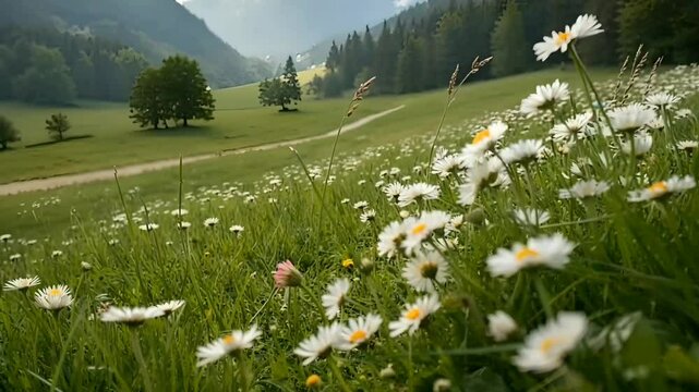 Beautiful little white flowers with green grass in meadows, green meadows landscape 
