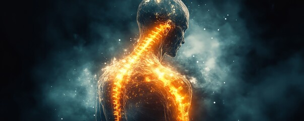 Back view of a human body with a glowing orange spine, representing neural activity and pain, dramatic digital artwork, artistic effects, high contrast lighting