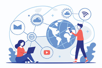 Global connectivity, social media icons, diverse communication channels, miniature people interacting with technology, oversized world globe, digital marketing concepts, colorful flat design, visualiz
