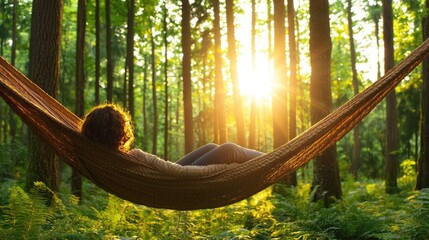 Woman relaxing in hammock at sunset in forest