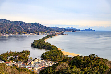 Fototapeta premium One of The Three Most Scenic Spots of Japan: Amanohashidate Sandbar and Scenic Coastal Panorama, Amanohashidate, Kyoto, Japan