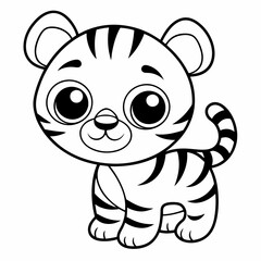Cute Baby Tiger Illustration Vector Design for Kids Coloring Page.