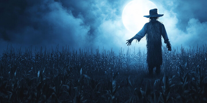  Scarecrow in moonlit cornfield on spooky night, Eerie Halloween scene with full moon and fog