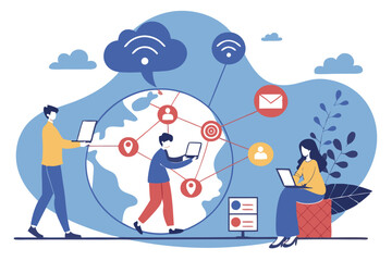 Global connectivity, social media icons, diverse communication channels, miniature people interacting with technology, oversized world globe, digital marketing concepts, colorful flat design, visualiz