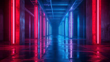 Fototapeta premium 3D rendering of neon blue and red lights illuminating a dark empty room with concrete floors and columns. Cyberpunk-inspired abstract interior design with a futuristic atmosphere, perfect for studio l