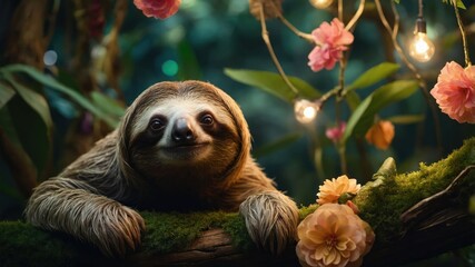 Fototapeta premium A sloth resting on a moss-covered branch amidst flowers and soft lighting.