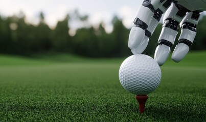 Robotic Hand Placing Golf Ball on Teeing Ground with Lush Grass
