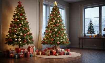 a beautifully decorated Christmas tree with ornaments and garlands, cozy, evergreen