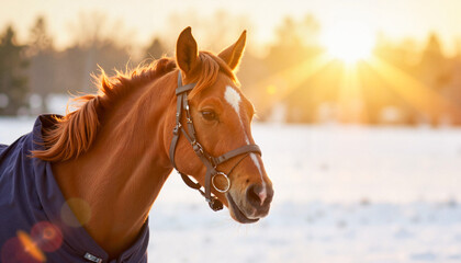 Naklejka premium Elegant brown horse in frosty countryside at sunrise, serene beauty