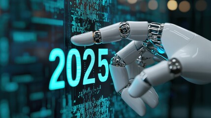 Futuristic Robot Hand Touching Digital Display of Year 2025