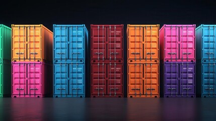 Glowing cargo containers stacked at a port, logistics in action, 3D illustration