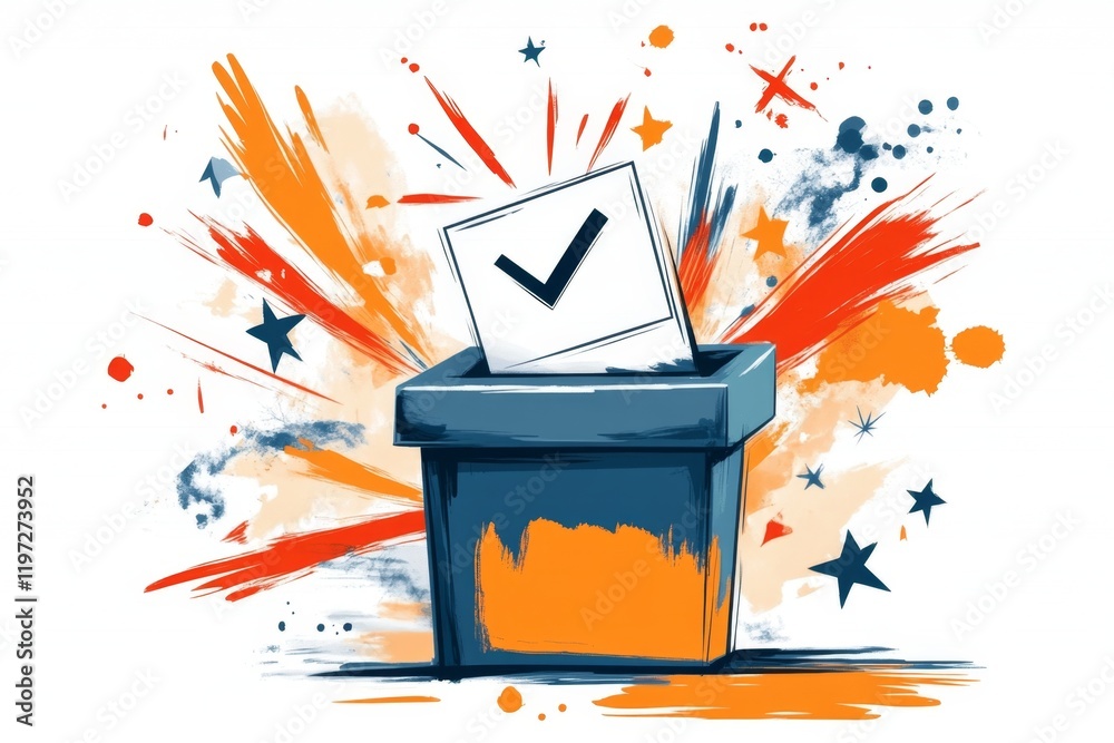 Aufkleber a minimalist design of a ballot box with a checkmark above it, drawn in clean lines with a bold red,