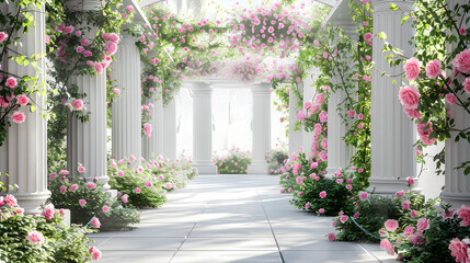 Naklejka premium Beautiful, arched garden with pink roses and white columns, white background, digital backdrop for photography.