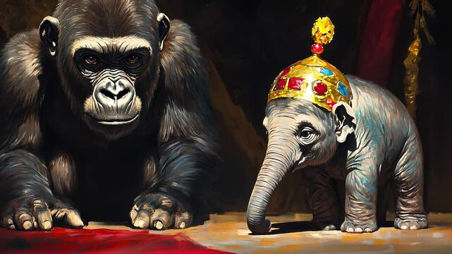 An and gorilla. Monkey, gorilla, baby elephant, small, circus,. Small baby elephant in circus. Small baby elephant monkey and gorilla in a circus. The image is a painting of a gorilla lifestyle and a.