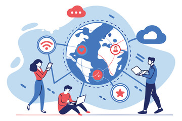 Global connectivity, social media icons, diverse communication channels, miniature people interacting with technology, oversized world globe, digital marketing concepts, colorful flat design, visualiz