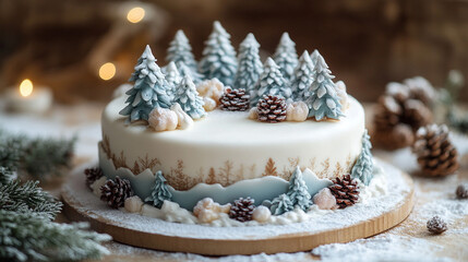 Elegant winter-themed cake: trees, snowflakes, and cones adorn the dessert.