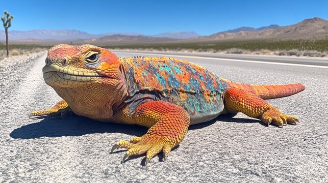 Colorful chuckwalla lizard on desert highway.
