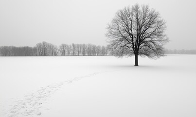 Fototapeta premium Lone tree in snowy field, footprints leading towards it, winter landscape, serene nature, ideal for backgrounds