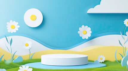 Pastel-colored 3D product display podium with daisies and clouds