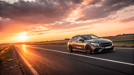Obraz premium car is driving on empty countryside asphalt road at sunset