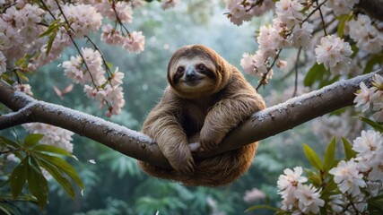 Fototapeta premium A sloth relaxes on a branch surrounded by blooming cherry blossoms.