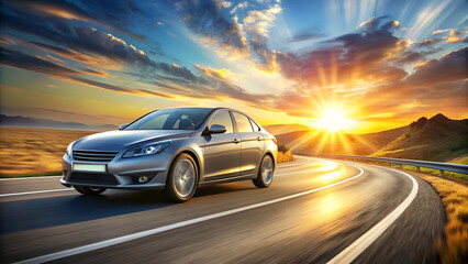 car is driving on empty countryside asphalt road at sunset