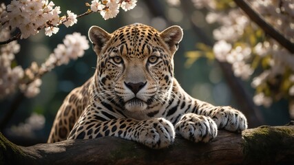 Naklejka premium A leopard resting on a branch surrounded by cherry blossoms in a serene, natural setting.