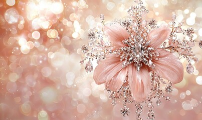 Peach fabric flower with diamond accents on sparkling bokeh background, ideal for wedding or fashion