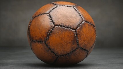 Vintage brown leather soccer ball on gray background.